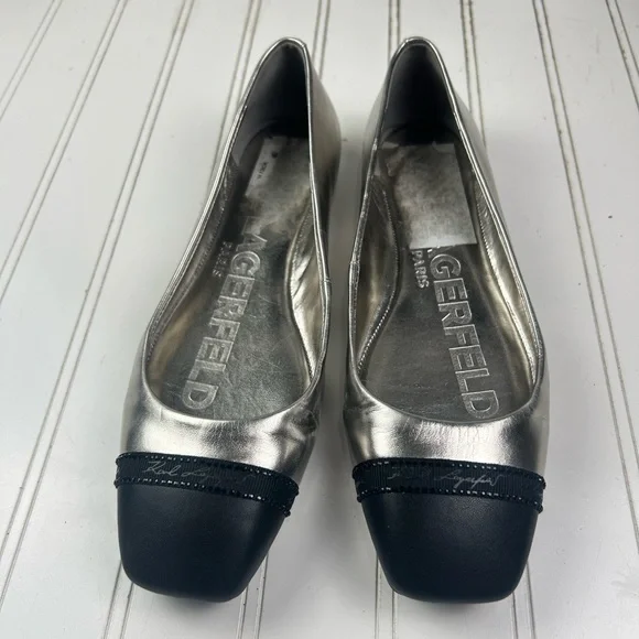 Karl Lagerfeld Vintage Paris Metallic Silver Flats Womenโs Size 8 - Picture 3 of 7
